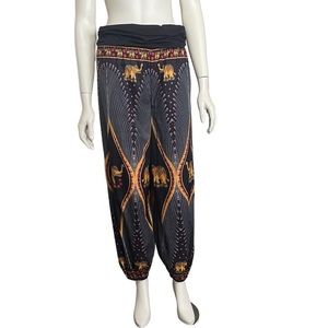 LU'S CHIC Elephant Print Boho Pull On Black Gold Casual Lounge Pant XL